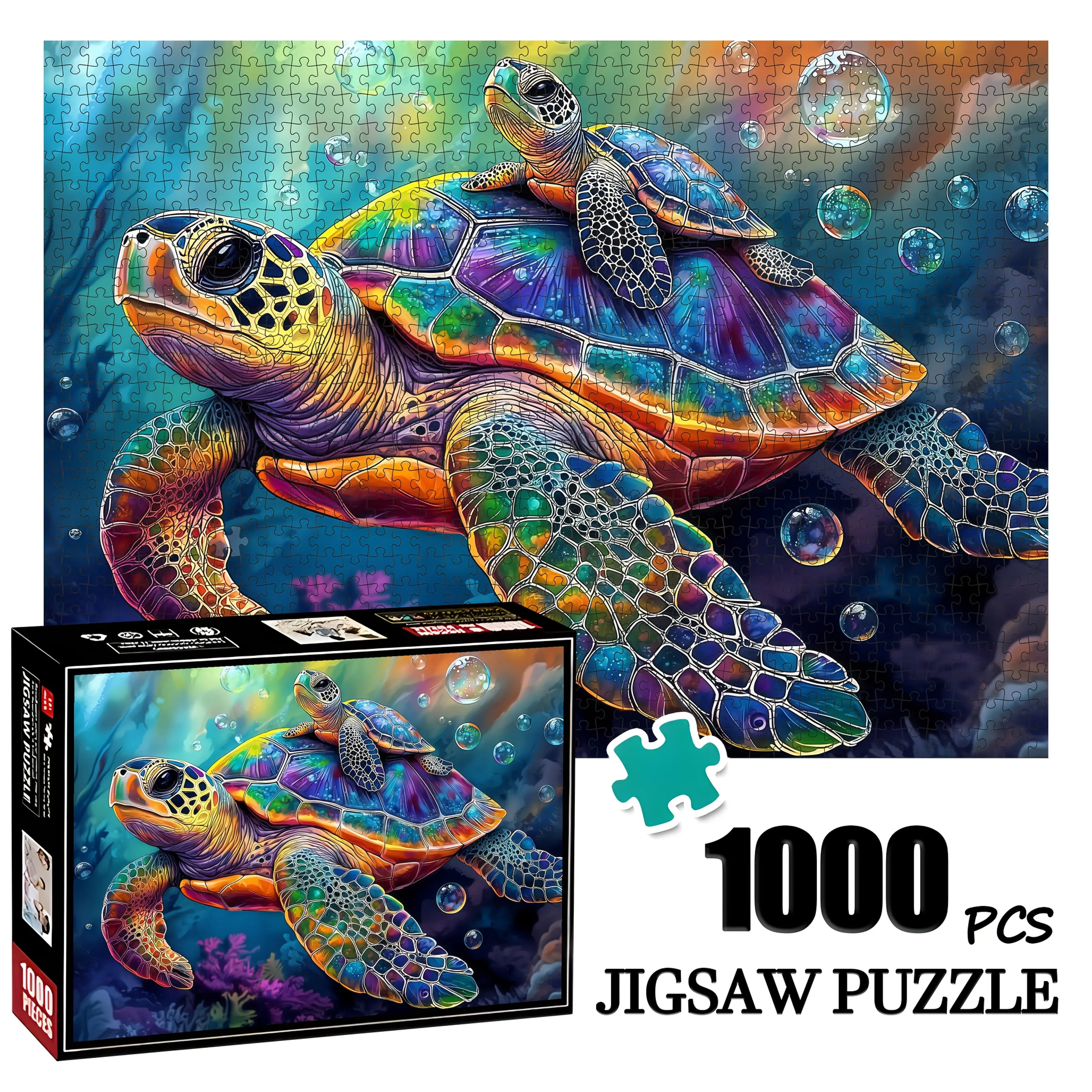 1000피스 거북이와 어린이 퍼즐 - 두꺼운 대형 직소 퍼즐 장난감 (성인용), 가족 상호작용 게임, DIY 홈 데코 두뇌 자극 게임