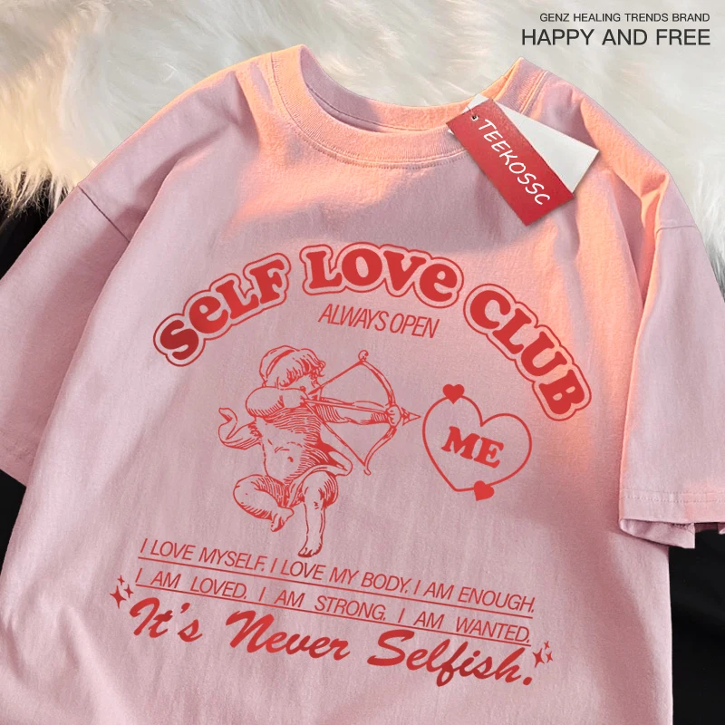 Self Love Club Fun Cupid Mężczyźni Kobiety T Shirty Oddychające Street Tee Odzież Bawełniana Letnia Moda Luźna Casualowa Oversize T Shirt