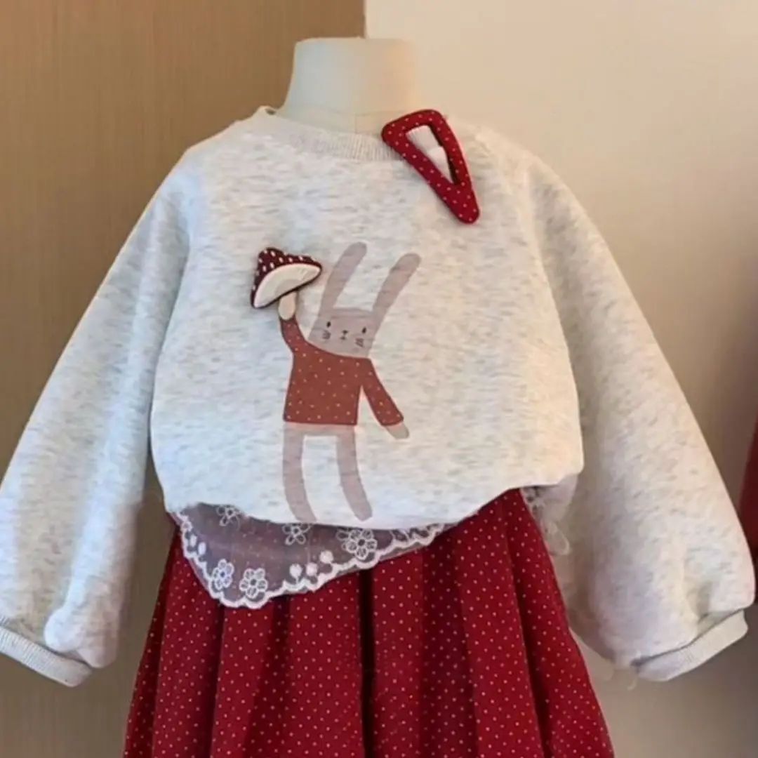 Korean style Children hoodie set Adding velvet and thickening composite Orly one-piece velvet sweatshirt and pants two-piece set