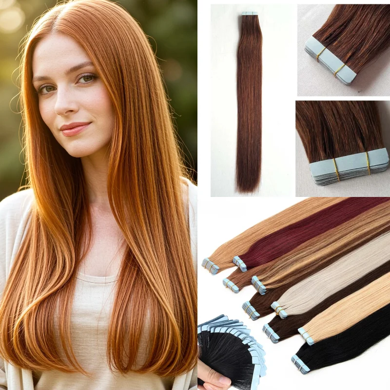 Human Remy Hair Tape In Extensions 20pcs 22inch Straight #1B #8 More Volume & Length Daily Natural Wedding Wholesale