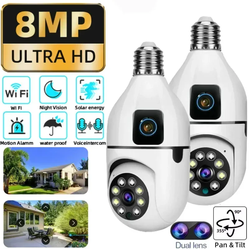 8MP E27 Bulb WIFI Camera Dual Lens Two-way Audio Color Night Vision Smart Home Surveillance Camera AI Human Tracking Voice Alarm