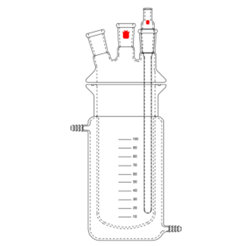 SYNTHWARE Split type flat bottomed three-necked jacket reaction bottle,  Joint 24/40, Right joint for thermometer sleeve, N52