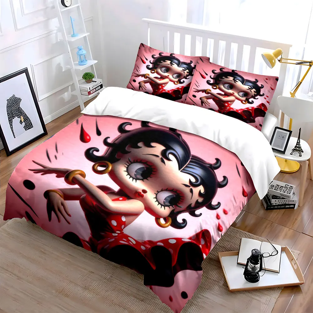 Vintage cartoon character Red Polka Dot Dress Duvet Cover Set,Retro Pinup Cartoon Bedding Includes 1 Duvet Cover 2 Pillowcase