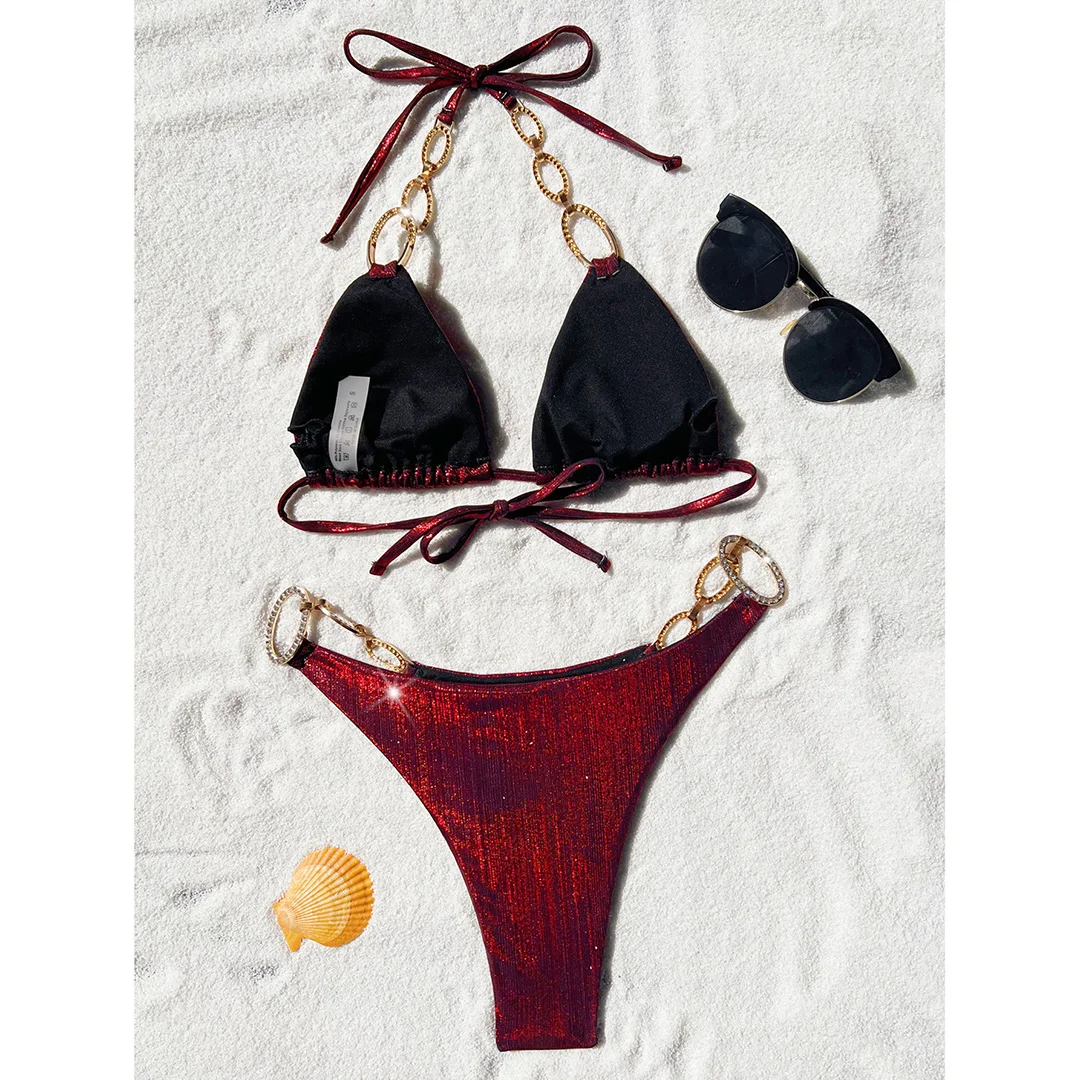 Neuer Bikini mit Diamant-Strasssteinen und Leopardenmuster, Damen-Badeanzug, zweiteiliges Bikini-Set, Badebekleidung, Badeanzug, Modell V5858R. – Detail 37