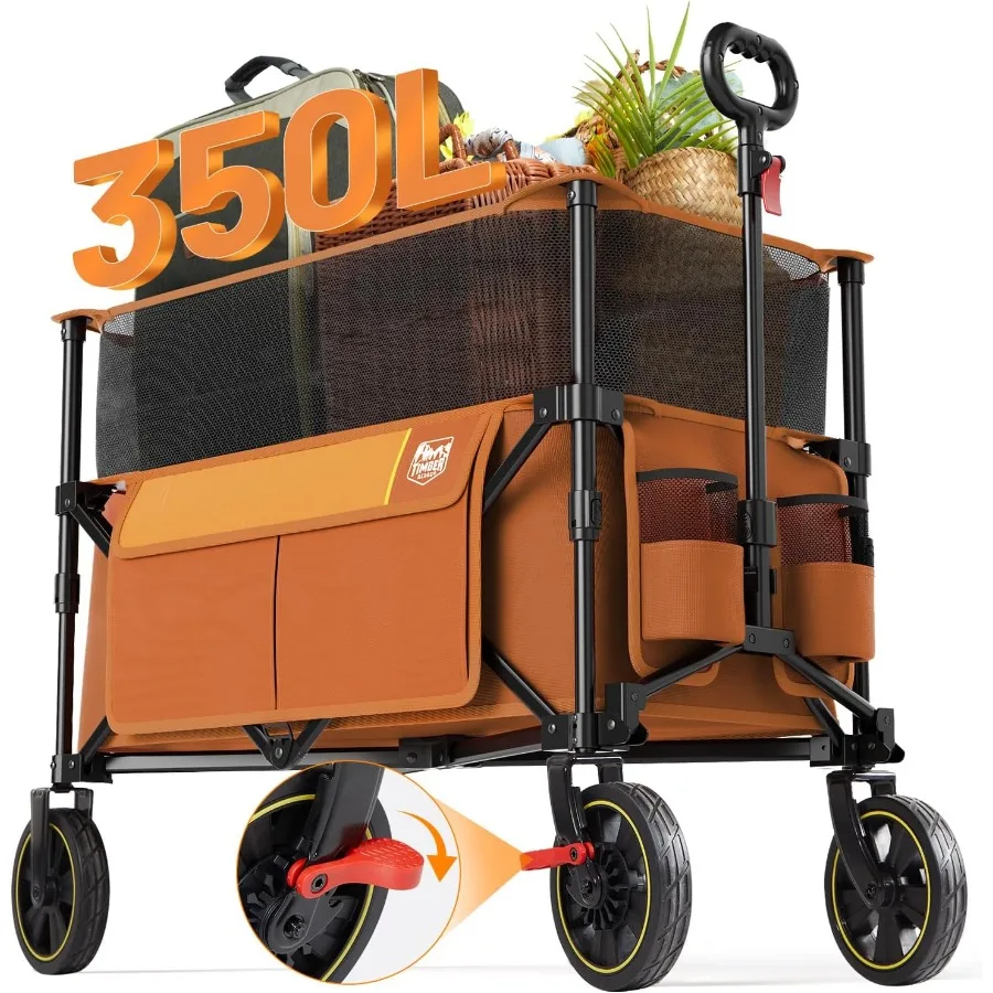 

350L Extra Large Collapsible Folding Wagon Carts with Brake Heavy Duty Outdoor Camping Utility Wagons with Extended Height Adju