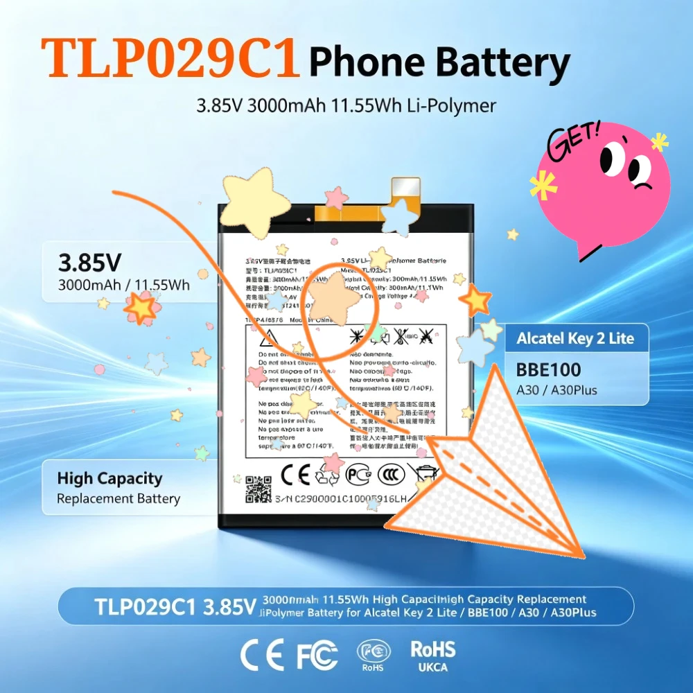 TLP029C1 3.85V 3000mAh 11.55Wh High Capacity Replacement Li-Polymer Battery for Alcatel Key 2 Lite / BBE100 / A30 / A30Plus