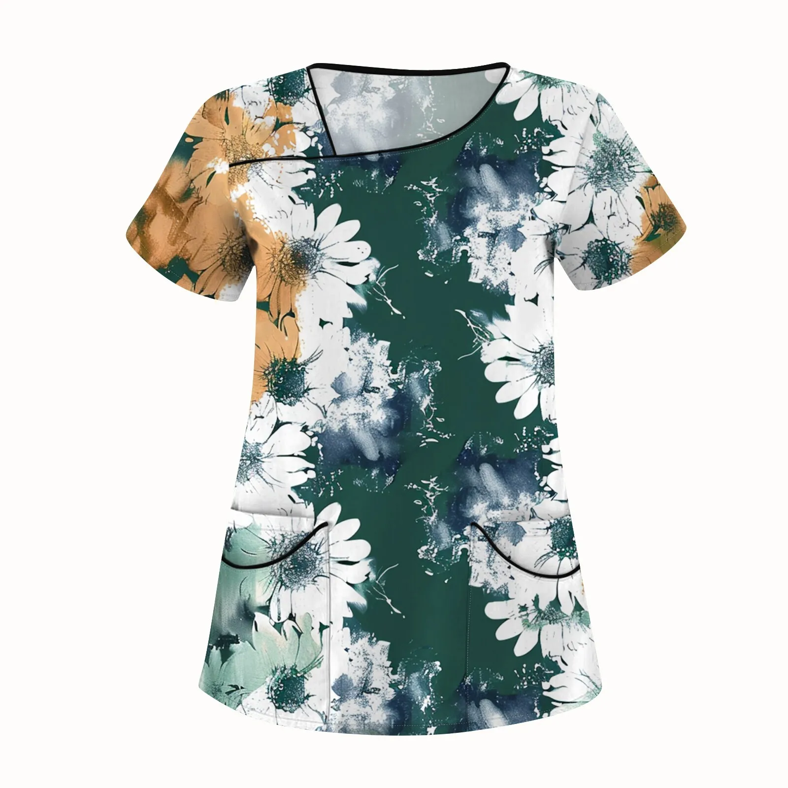 Healthcare Nurse Tunic Uniforms Women Short Sleeve Scrubs Tops Vintage Flower Print Pockets Workwear Nurse Uniform Clinic Blouse