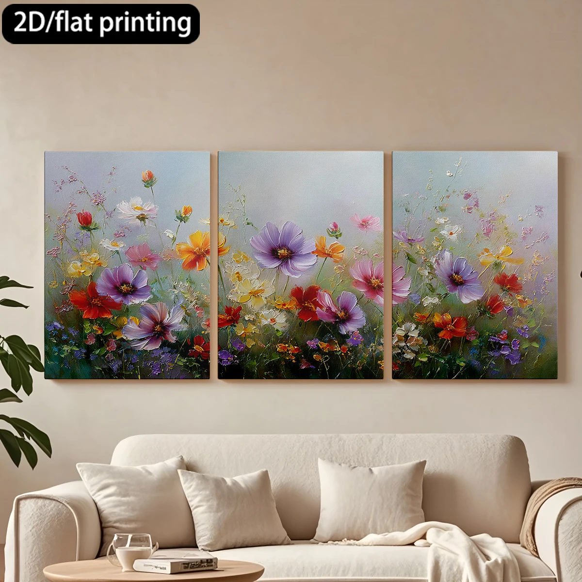 

2D flat printing 3pc wooden frame canvas decorative painting Field of colorful cosmos flowers.Corridor bedroom decoration