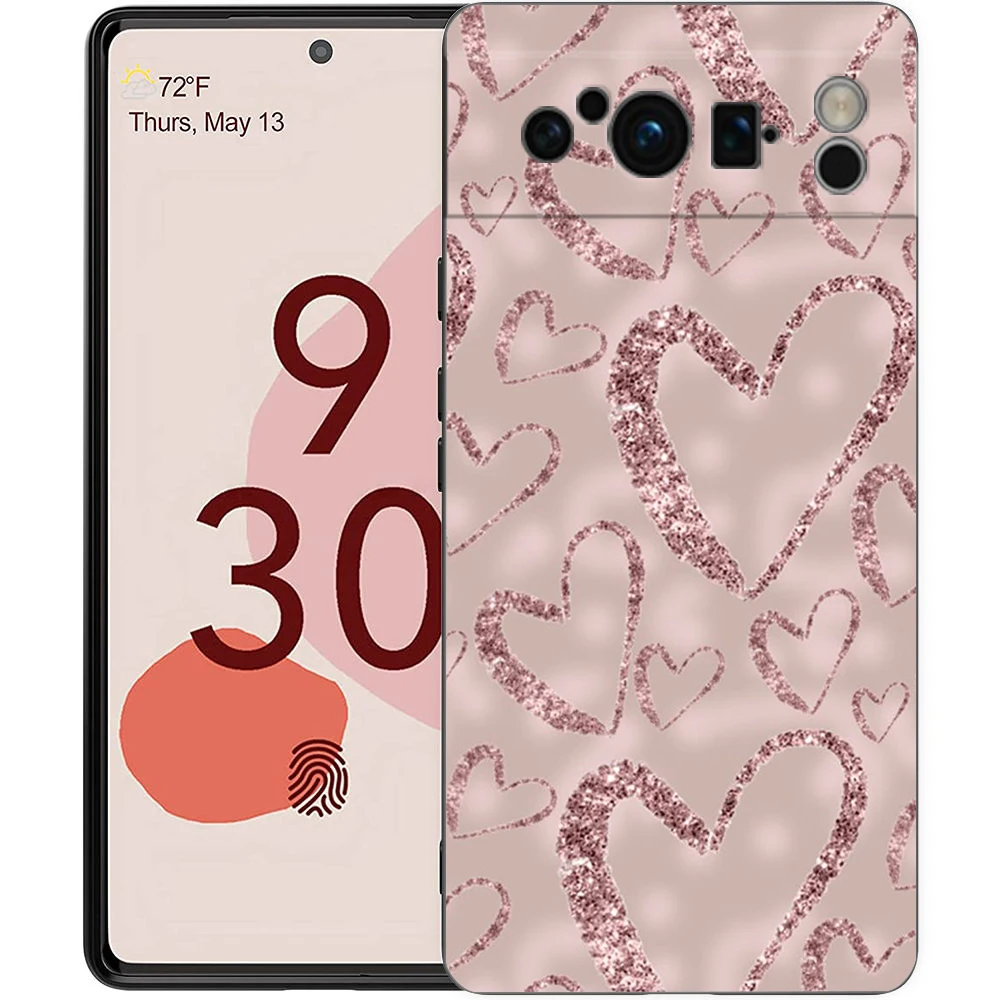 Phone Case For Google Pixel 9 8 8A 7 7A 6 Pro XL 6A 5G Black Soft Shockproof Back Cover TPU Shell Gold Rose Love Heart