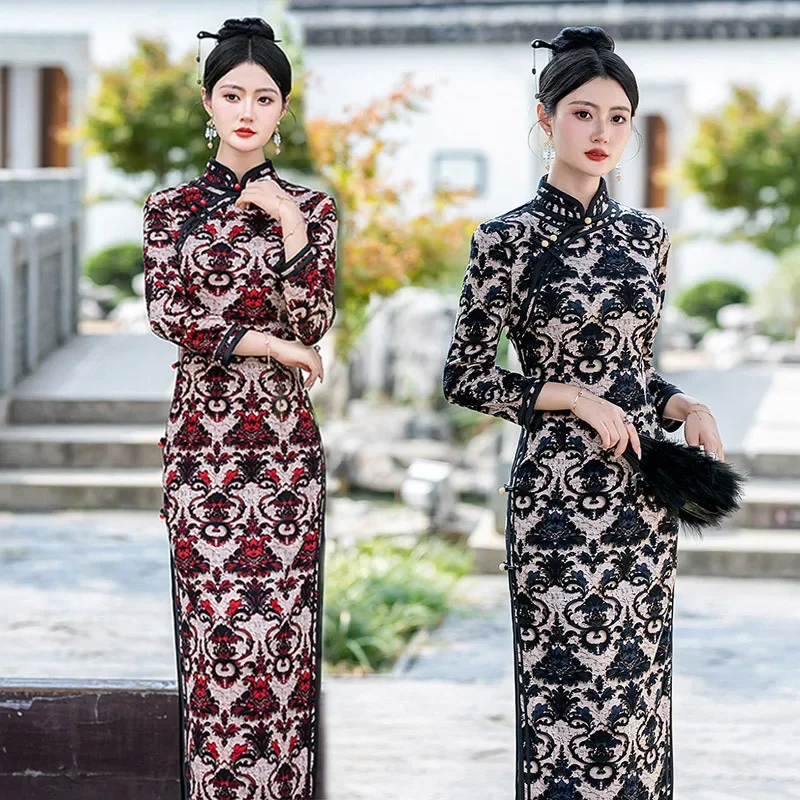 

Old Shanghai Spring Autumn Chinese Style New Elegant Long Mandarin Collar Cheongsam 2025 New Long Sleeve Print Qipao Dress