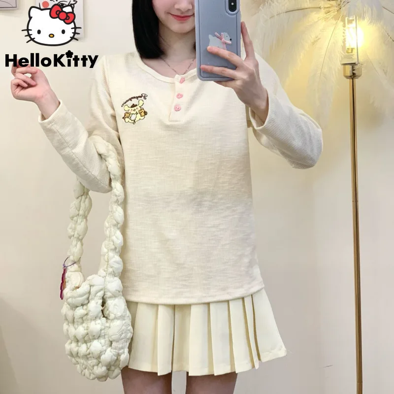 

Sanrio Pom Pom Purin Cinnamoroll My Melody Kuromi New Embroidery Tees Round Women Spring Japanese Style Cute Sweet Versatile Top