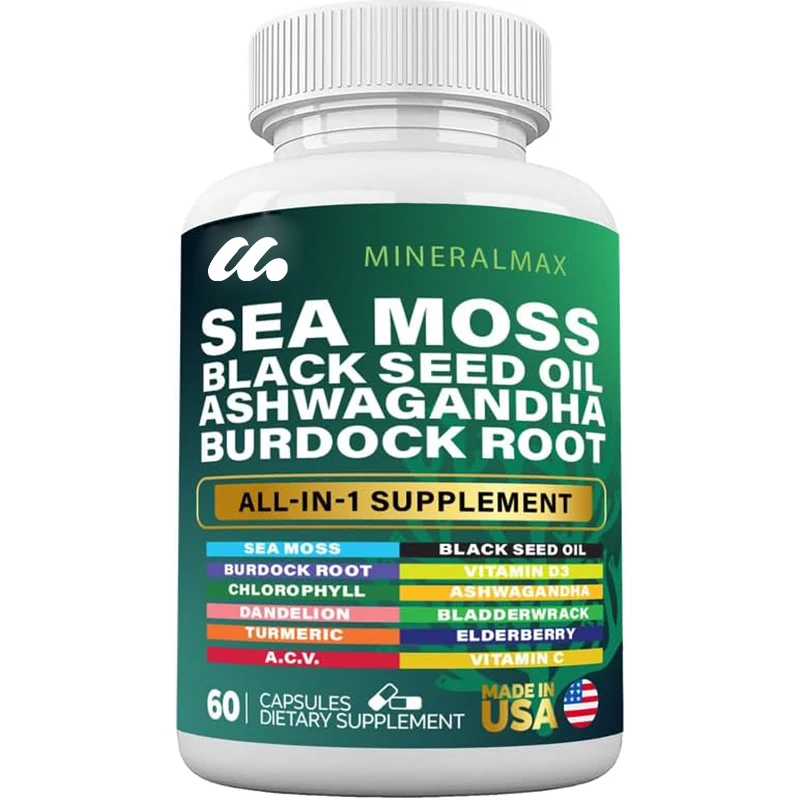 Seaweed capsules contain black seed oil, bladder, turmeric, South African drunken eggplant, and immune support supplements