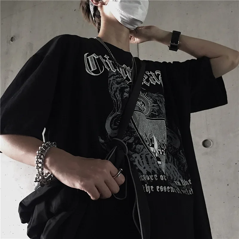 T Shirt for Men Dark Print T-shirts Men\'s clothing Gothic Fashion Casual Oversized Harajuku Hip Hop Short Sleeve Tees Baggy Tops