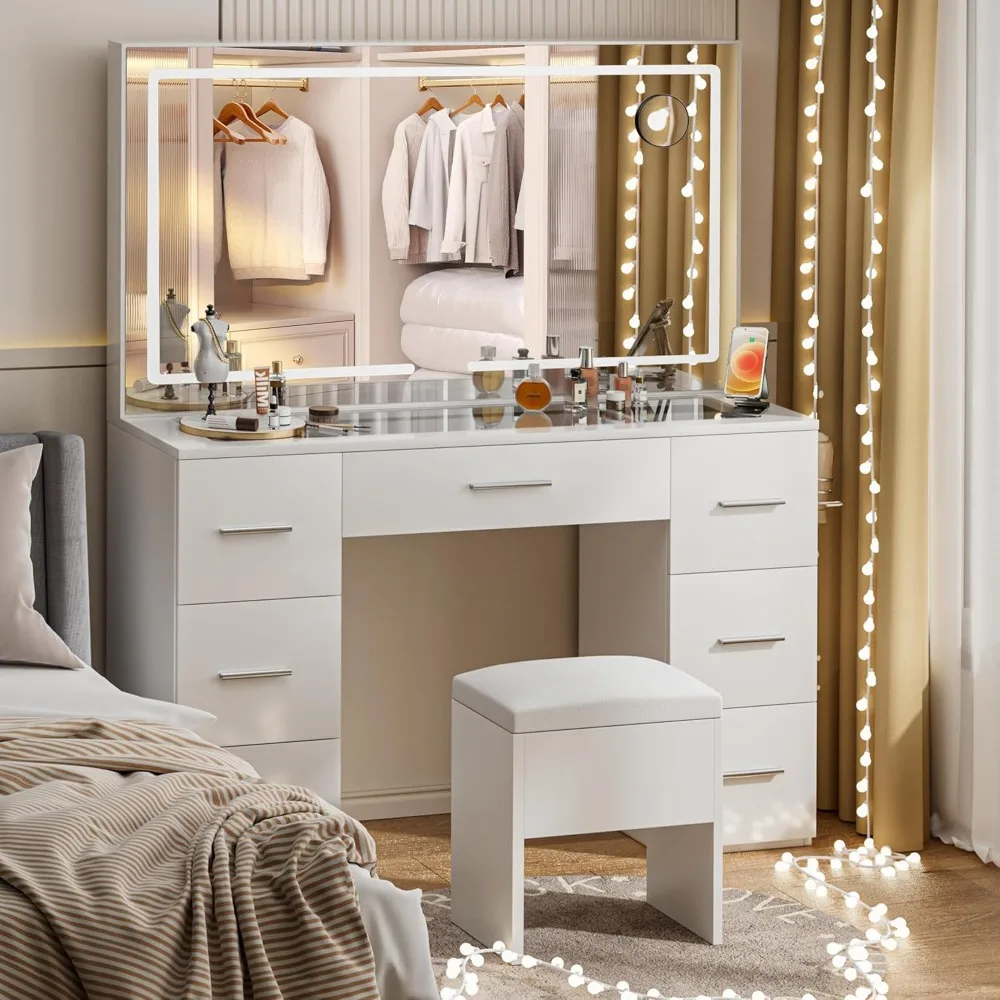 Vanity Desk with Lights, 46'' Glass Top Vanity Set with Charging Station, 7 Drawers Vanity Table with Cushioned Stool