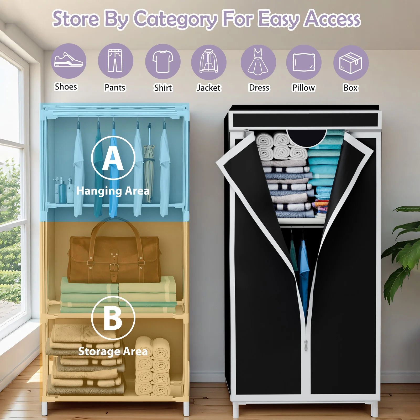 Portable Fabric Wardrobe Closet Garment Rack with Hanging Rack Full-Dust Cover Dustproof Cover 16mm for Bedroom Apartment Dorm