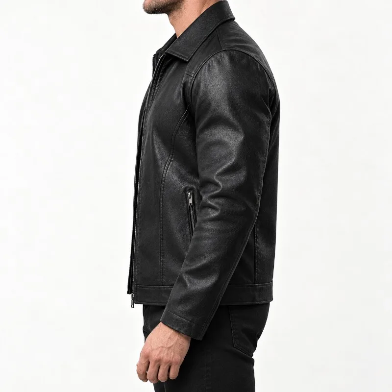 Men's Leather Jacket Classic Shirt Collar Full Zip Two Side Zipper Pockets Long Sleeve Straight Hem Business Casual Style