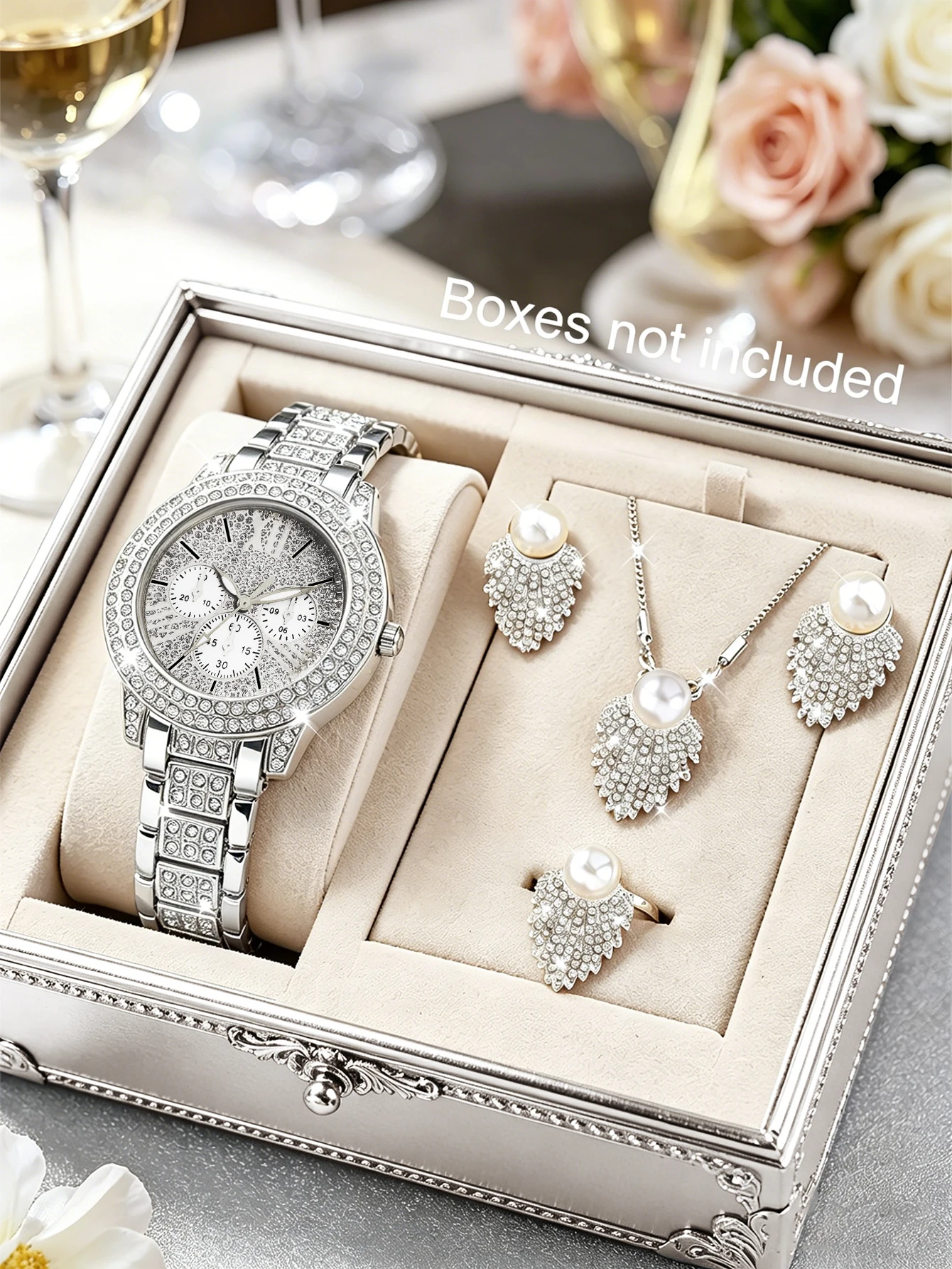 Luxurious Fashion Ladies round Shell Quartz Watch Set with Feathers Shaped Embedded Jewelry Accessory Ideal Gift