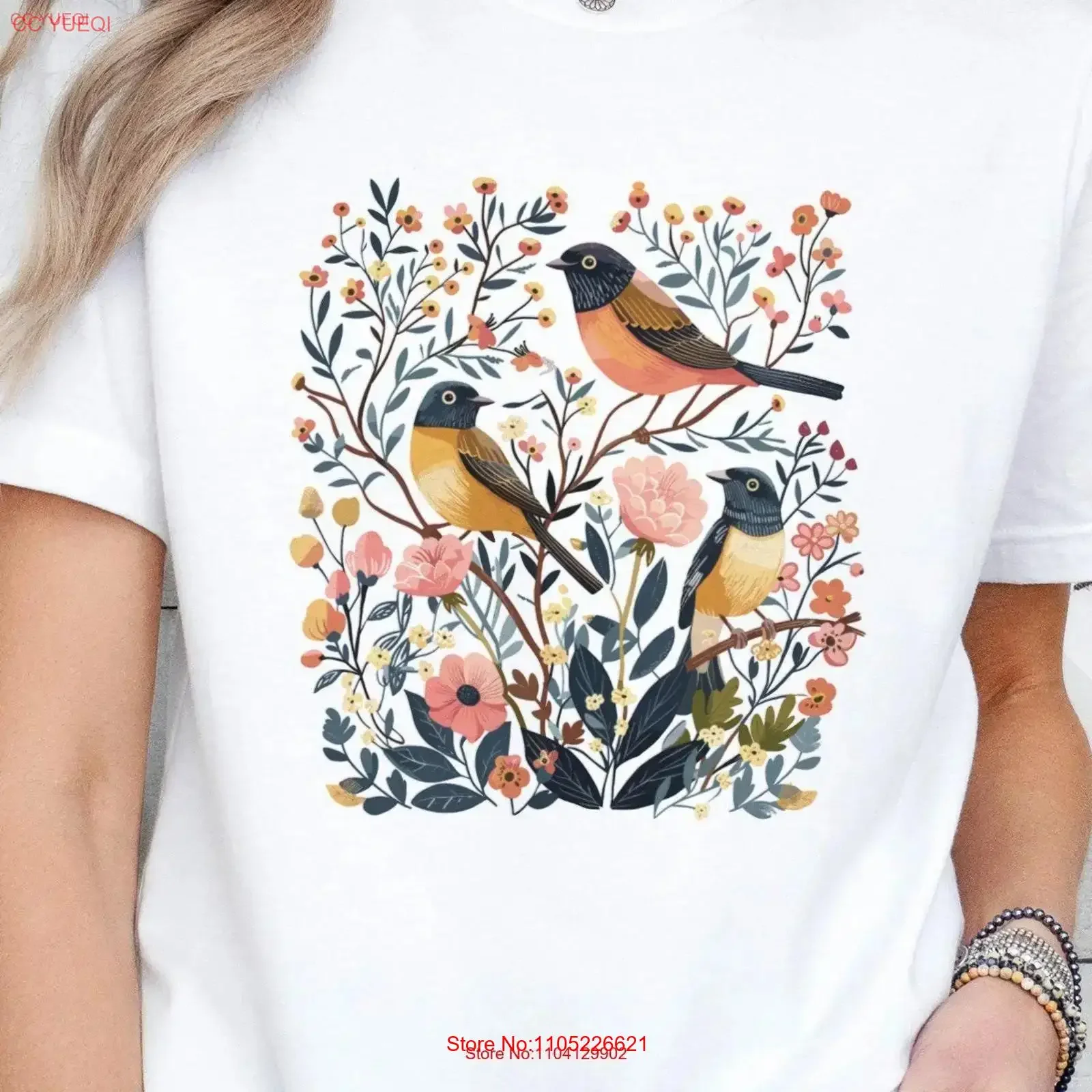 Vintage Style Folk Art T Shirt Aesthetic Nature Blooming Flowers and Birds Boho Cottage Core Top vintage Washed
