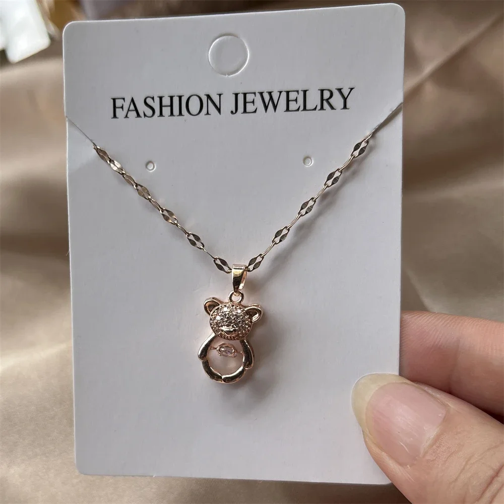 Cute Rose Gold  Bear Necklaces for Women CZ Crystal Pendant Little Bear Colier Stainless Steel Chain  Animal Jewelry Gifts