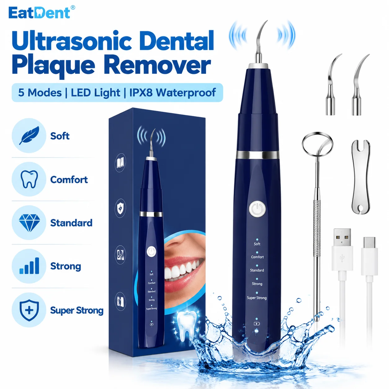 Ultrasonic Dental Scaler Oral Care Tartar Removal Calculus Remover Kit Tooth Stain Cleaner LED Light Dental Tooth Cleaning Tools