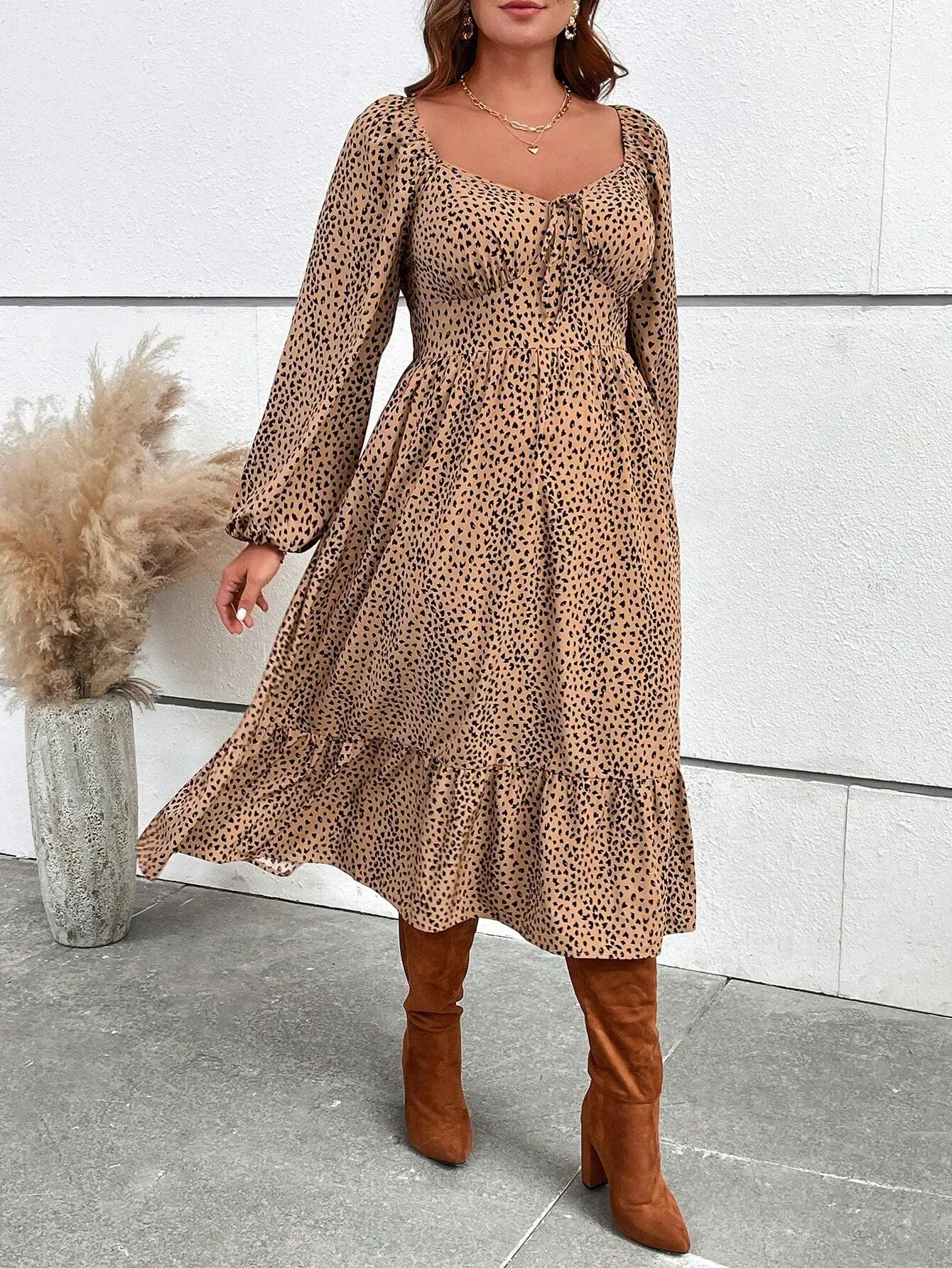 

Plus Size Leopard Print Midi Dress With Puffed Sleeves And Tiered Hem For Autumn Vacation Or Beach Boho Style
