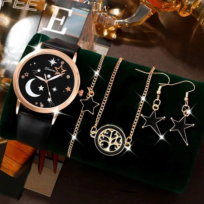 Women Fashion Watches Star Moon Round Dial Design Ladies Casual Simple Wrist Watch Luxury Bracelet Watch Clock Gifts