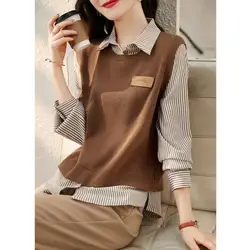 Fashion Button Spliced Striped Blouse Fake Two Pieces Women's Clothing 2023 Spring New Korean Pullovers Knitted Commute Shirt