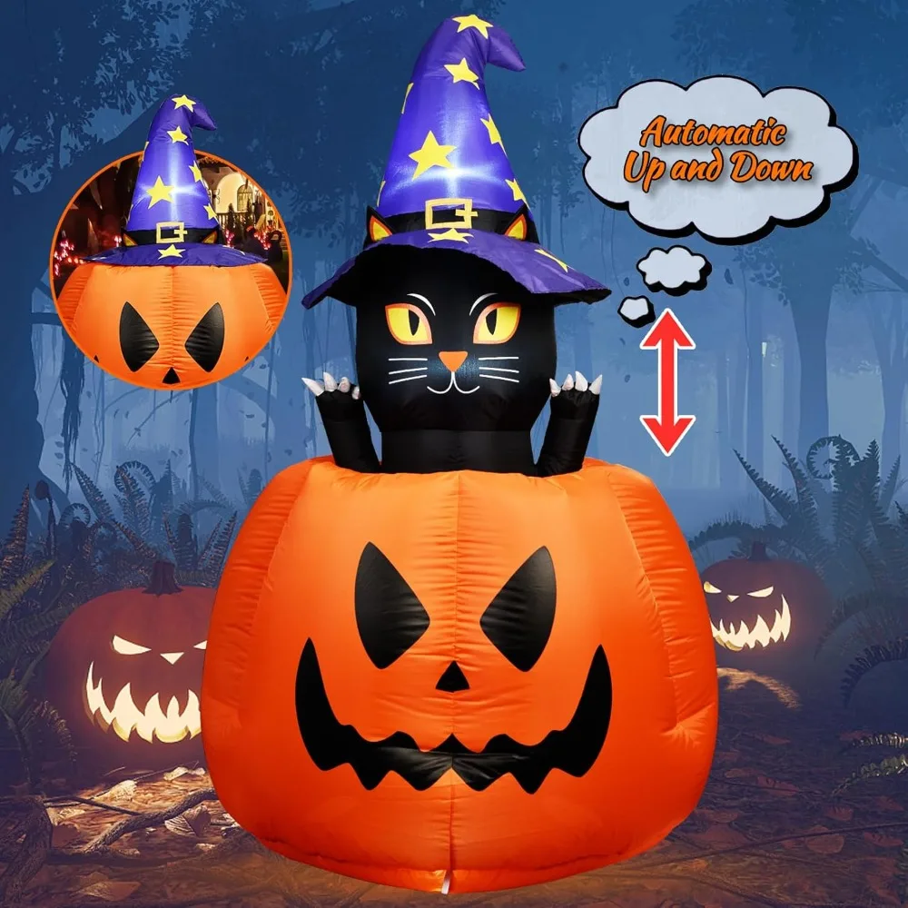

Halloween Animated Witch Cat in Pumpkin Inflatable Yard Decoration with Built-in LED Lights