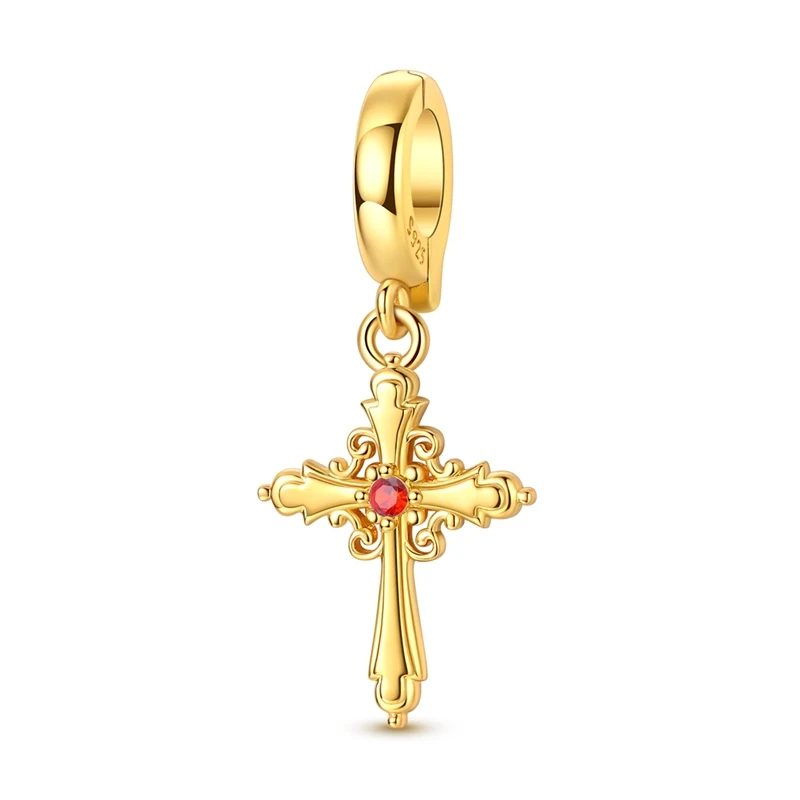 

925 Sterling Silver Charms Bead Golden Red Zircon Cross Dangle Fit Original Bracelet DIY Women Jewelry