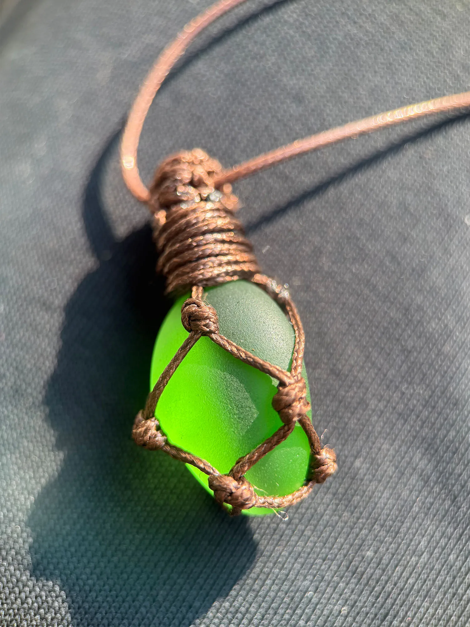 1pc Green Sea Glass Macrame Pendant Necklace Hand Woven Net Wrap Adjustable Cord Boho Beach Healing Crystal Jewelry