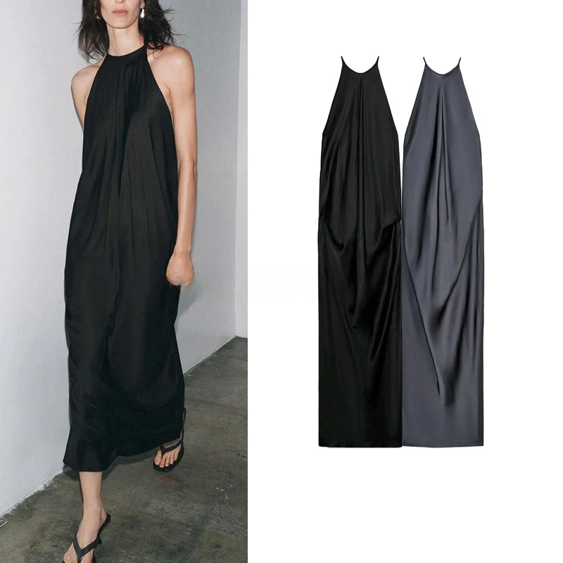 فستان نسائي صيفي مزين بتفاصيل جوريد من مزيج الرايون بدون ياقة وياقة من الساتان الحريري بدون أكمام بتصميم فضفاض مناسب للتنقلات...