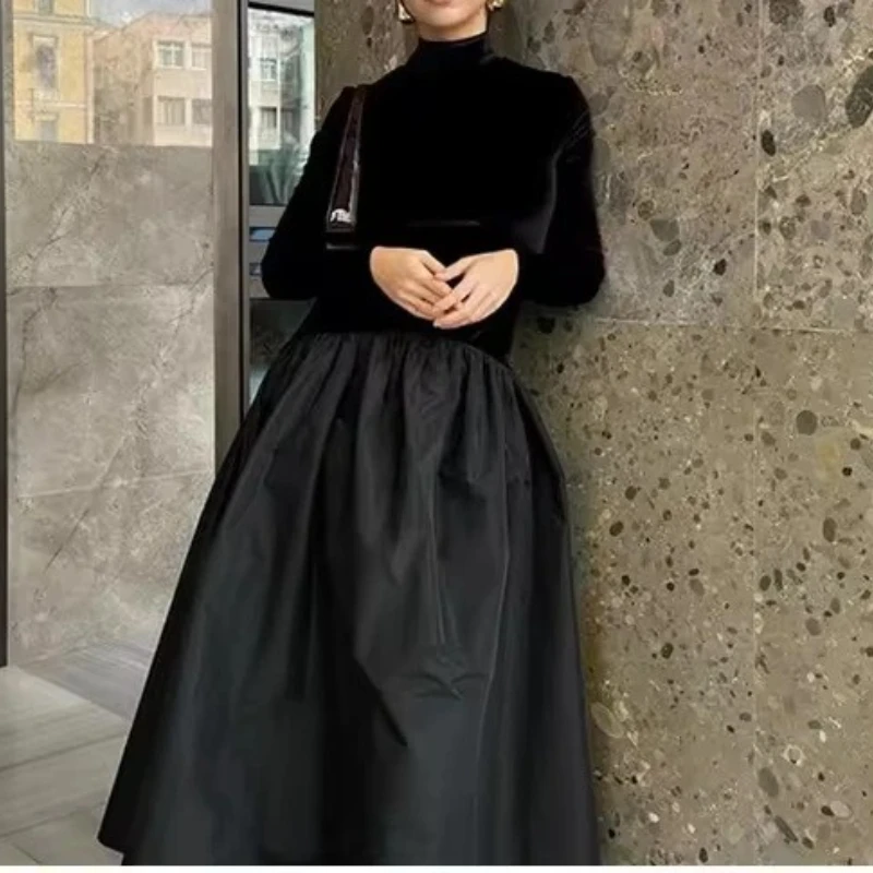 

European and American Women's Clothing Style Fashionable High-neck Corduroy Splicing Dress