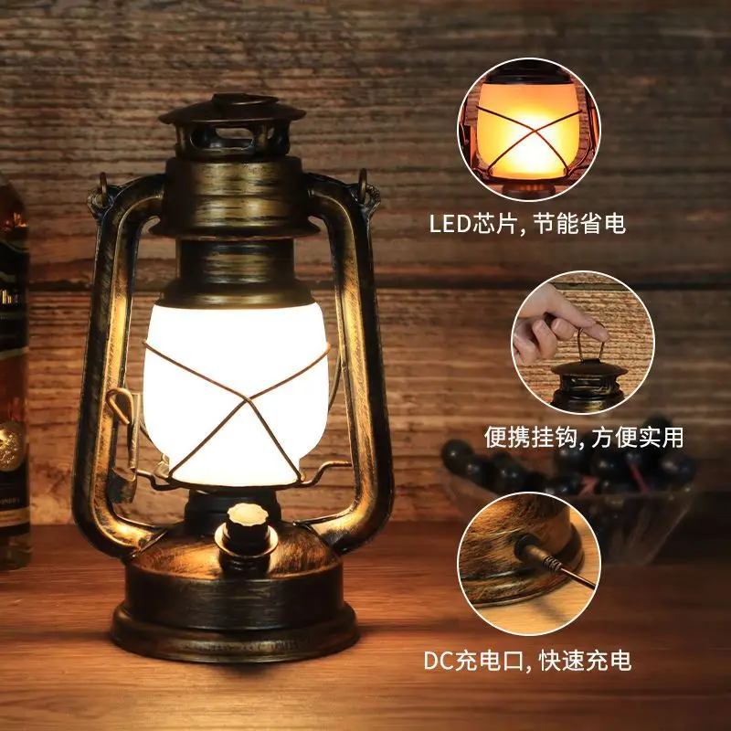 Rechargeable Bar Table Lamp Creative Retro Ambience Light Decoration Desk Lamp Outdoor Vintage Kerosene Lamp Barn Lantern