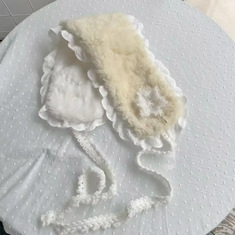 Y3NE وشاح من الصوف الصناعي مزين بالدانتيل وشاح للرأس للنساء قابل للتعديل لتدفئة الرقبة في الشتاء وخفيف الوزن للخريف والشتاء #3