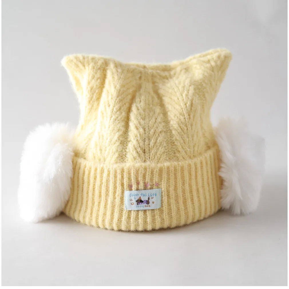 New Cute Plush Cat Ear Knit Beanie Cap Women with Puppy Cloth Patch Unique Stylish Windproof Warm Winter Knitted Pompom Cap