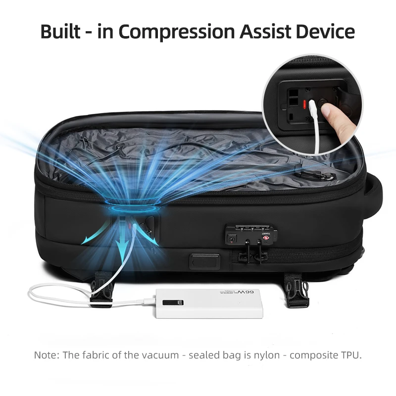 Mochila de viagem masculina com um clique, bomba de compressão a vácuo, 17 polegadas, mochila para laptop, caminhadas, negócios, 60l, mochila escolar estendida