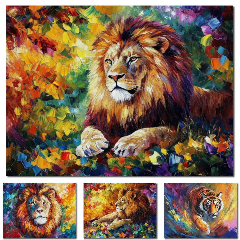 

Hand Painted Majestic Lion Oil Painting Abstract Textured Wildlife Animal Canvas Art for Office Apartment Modern Decor Large