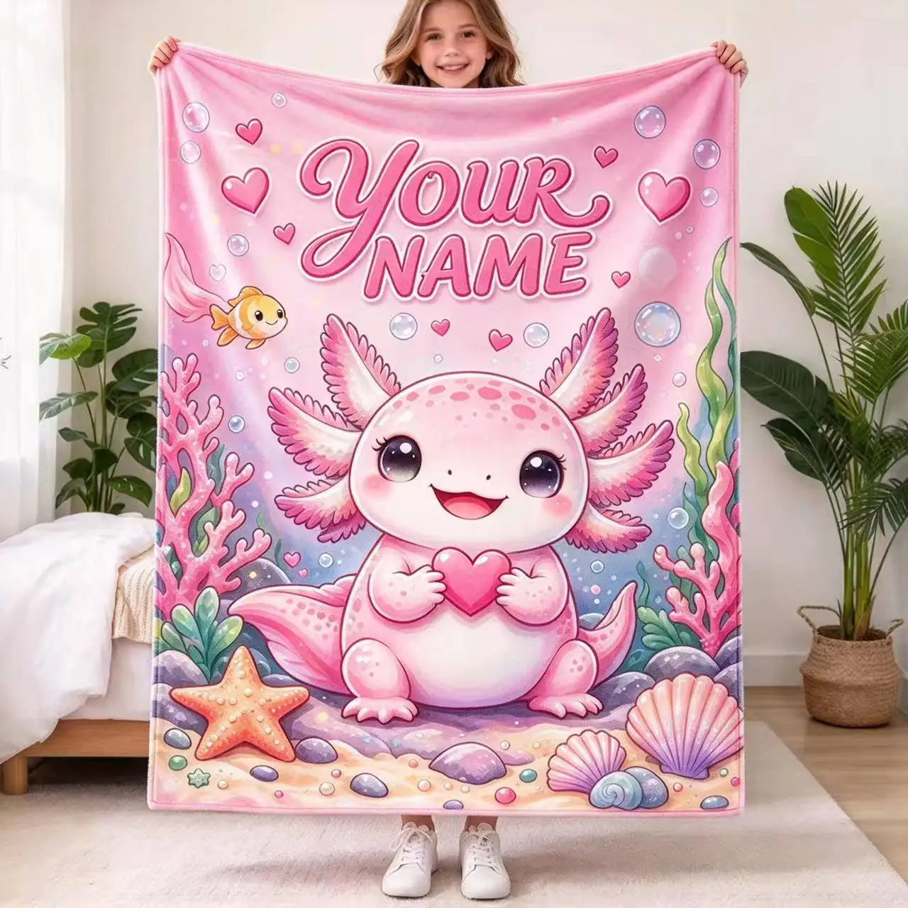 Custom Axolotl Blankets Personalized Name Soft Flannel Throw Blankets Cute Cartoon Salamander Xmas Gift Home Sofa Bed Decor