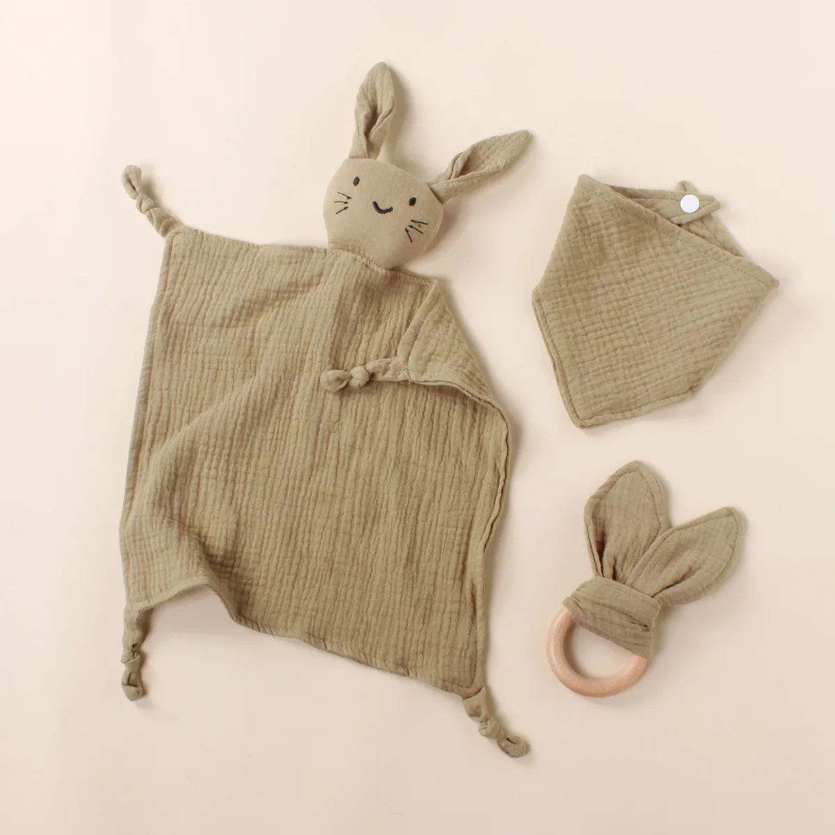 3pcs Cat Face Embroidered Square Scarf Triangular Scarf Rabbit Ear Wooden Ring Tie Set Baby's Comfortable Soft Drool Towel image 2