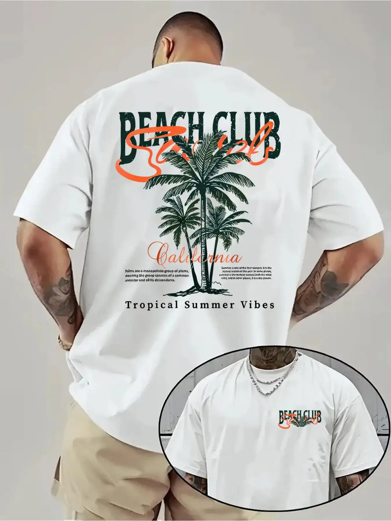 Plus SizeFront and Back Images Men'S Beach Club Logo T-Shirt - Red Palm Tree Surf Print Short-Sleeve Shirt, Slightly Stretchy Fabric, Suitable for Beach, Surfing, and Casual Wear, Round Neck Regular Fit, Suitable for All Seasons