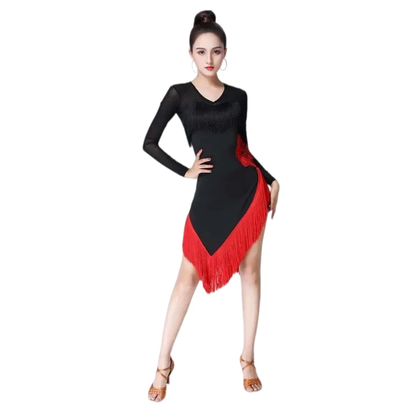 

Новое латинское танцевальное платье с длинными рукавами для женщин, с большим красным цветком и бахромой, черное, сексуальное, для взрослых девушек, костюм для румбы