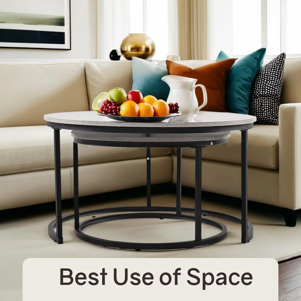 زوج من 31.5 طاولات قهوة مستديرة متداخلة من الحبوب الخشبية مع أقدام قابلة للتعديل غير قابلة للانزلاق #5