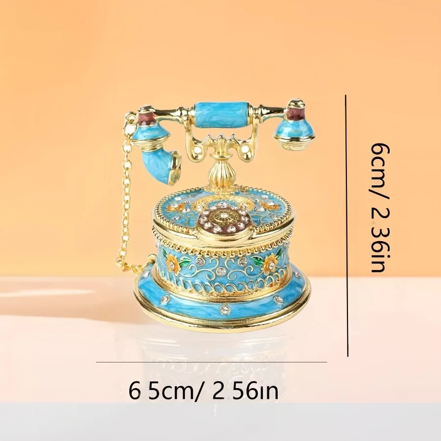Antique Style Telephone Jewelry Box Enamel Metal Shell Receiver Lid Ring Holder Earring Hooks Vintage Vanity Organizer Gifts