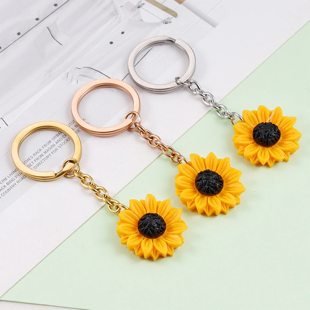 New Sunflower Key Ring Stainless Steel Car Keychain Woman Backpack Bag Pendant Hanging Ornament Couple Keyring Girl Gifts