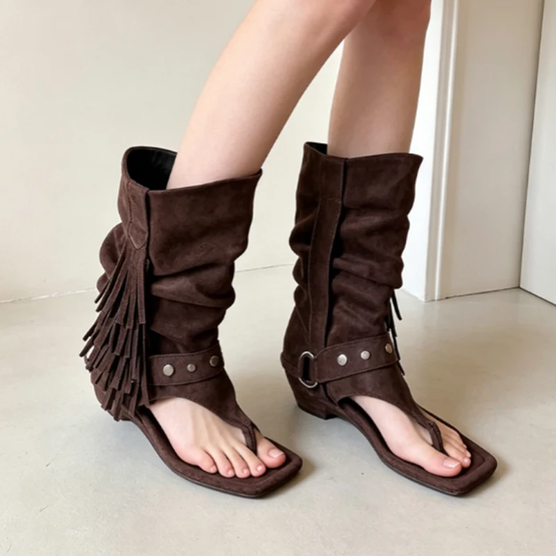 Designer Women's Sandals Boots Clip Toe Fashion Heels Shoes Suede Dress Heels Slippers New Retro Trend Tassels Goth Woman Shoes