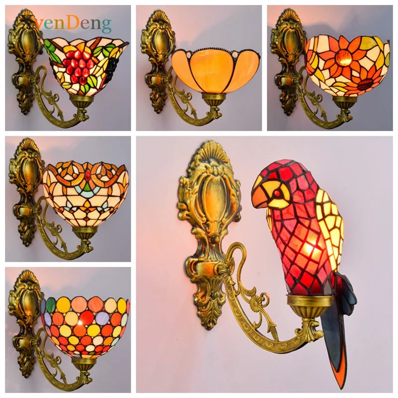 Tiffany Parrot Bird Wall Lamp Vintage Mediterranean Stained Glass Wall Mirror Light Bathroom Bedroom Wall Lights for Home Decor