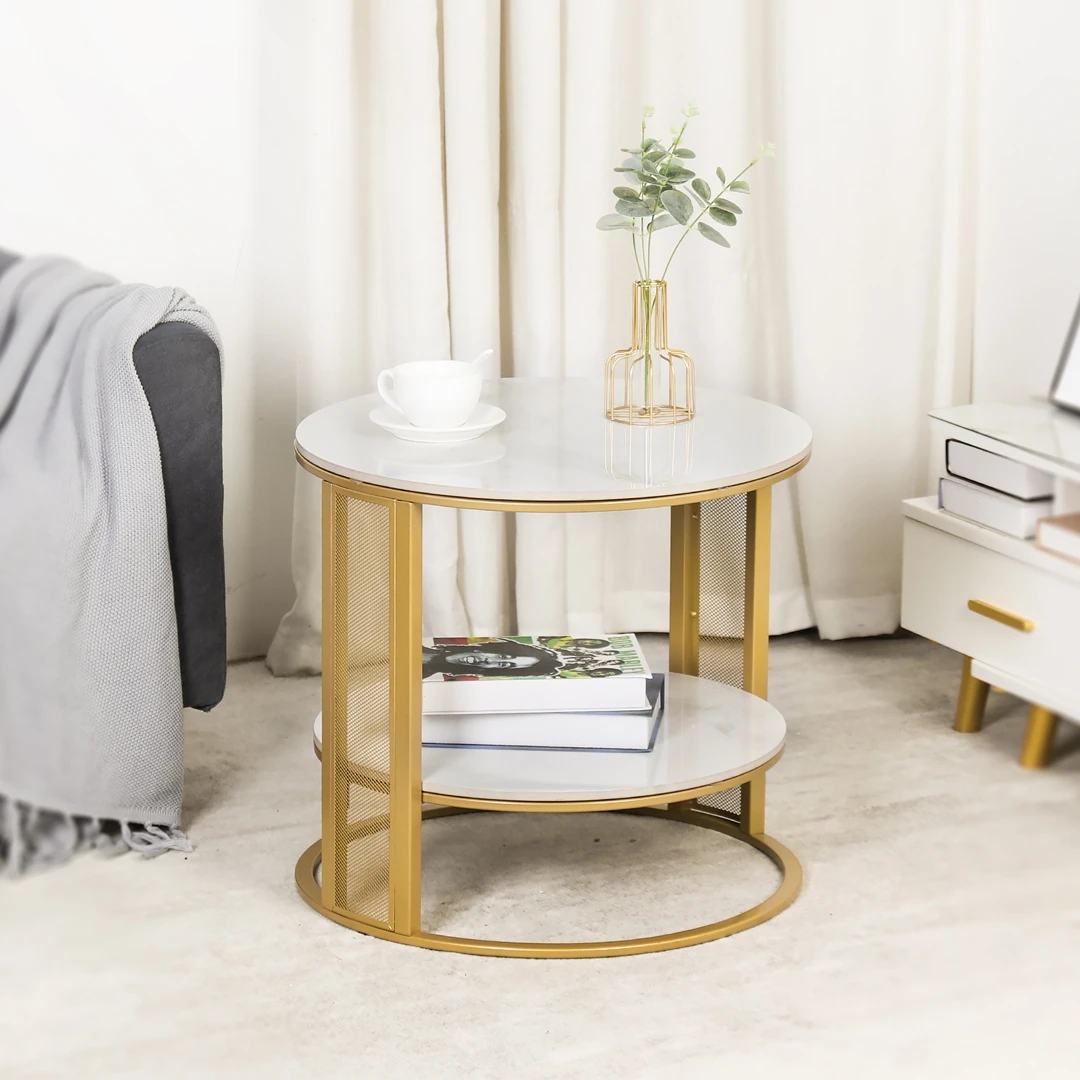 Modern Sofa Side Table 2-Tier Storage | Gold Metal Legs Sintered Stone Top | Space-Saving for Living Room Office Bedroom