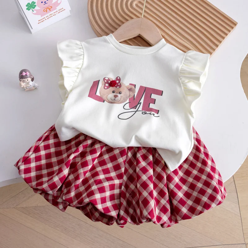

little girl summer25Cute Cartoon Bear Ruffled Vestt+Red Plaid Sports Shorts Set