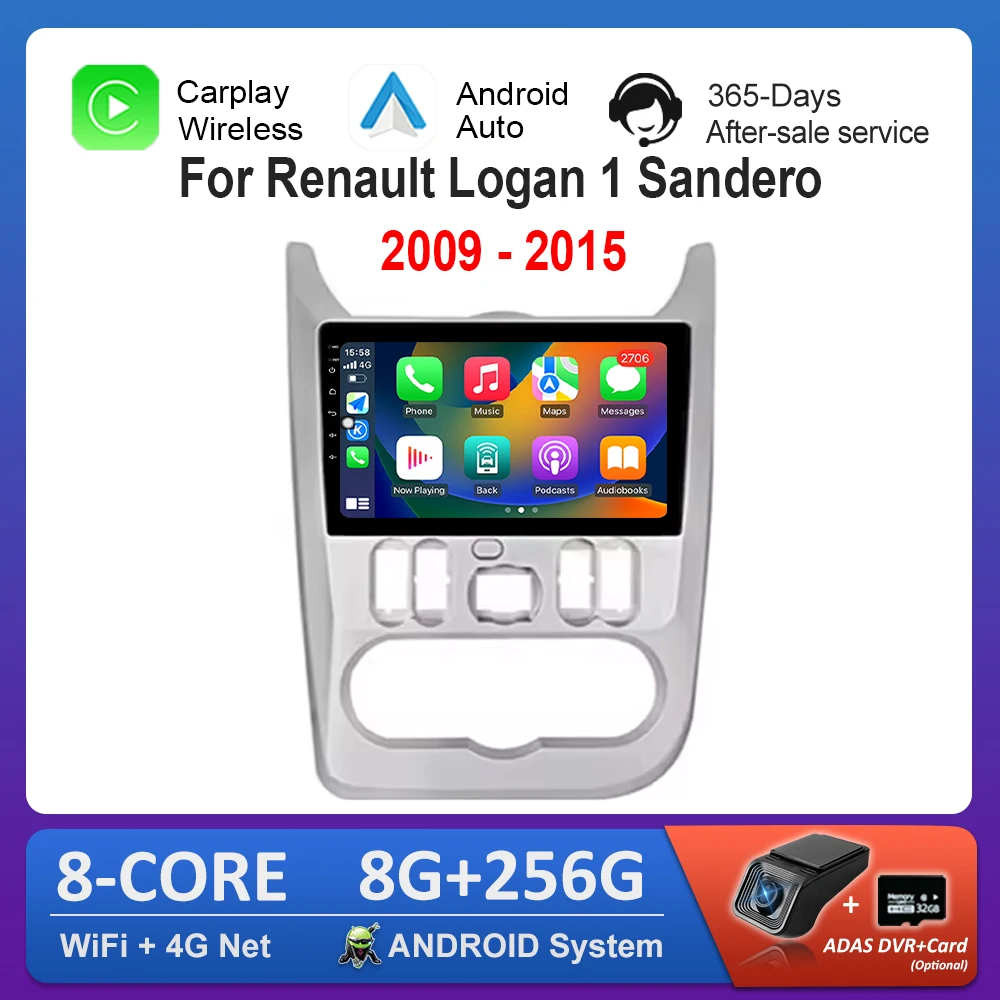 รถวิทยุเครื่องเล่นมัลติมีเดียสําหรับRenault Logan 1 Sandero 2009 - 2015 Android OS Wireless Carplay WiFi Head Unit GPSนําทาง