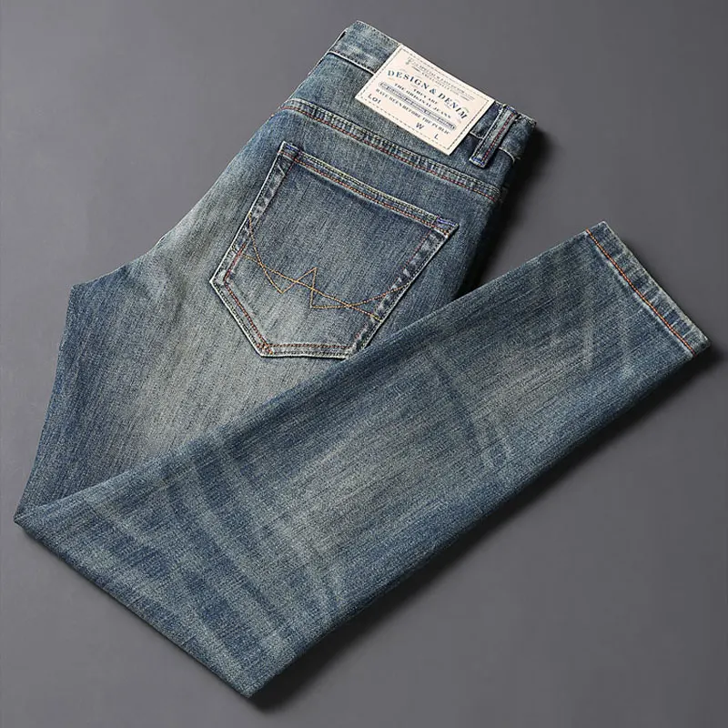 Fashionable new men's jeans, washed with water, nostalgic stretch slim fit jeans, hip-hop brand pants, Y2K
